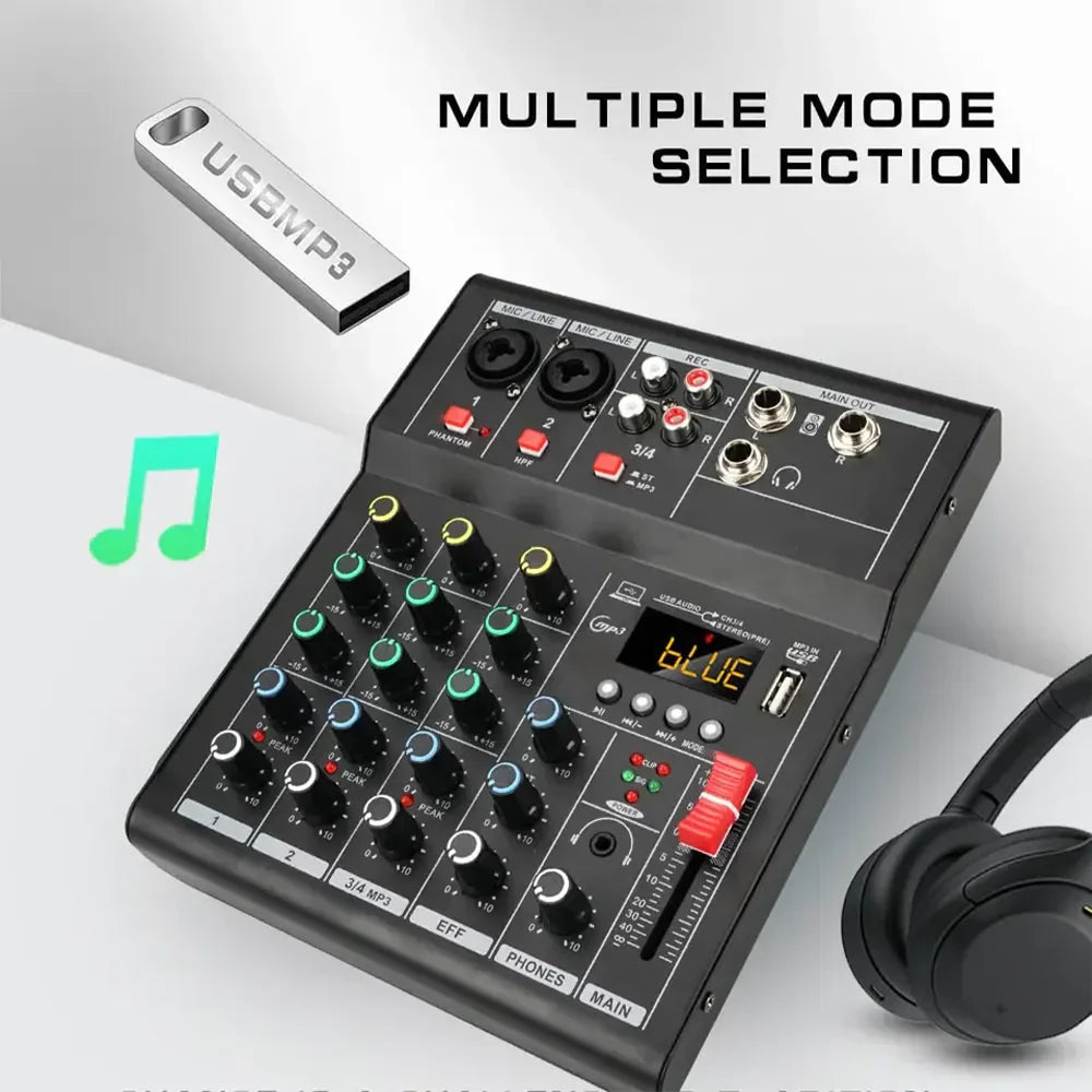 Black usb audio mixer dj karaoke with colorful knobs and digital display showing blue for karaoke mixing console use