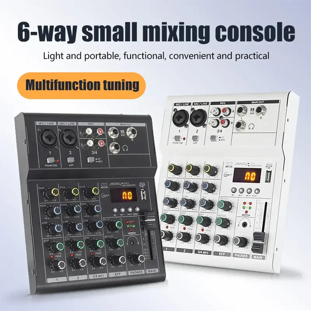 Black and white 6-way professional 4 channel mixer dj karaoke console with usb interface sound card and digital display