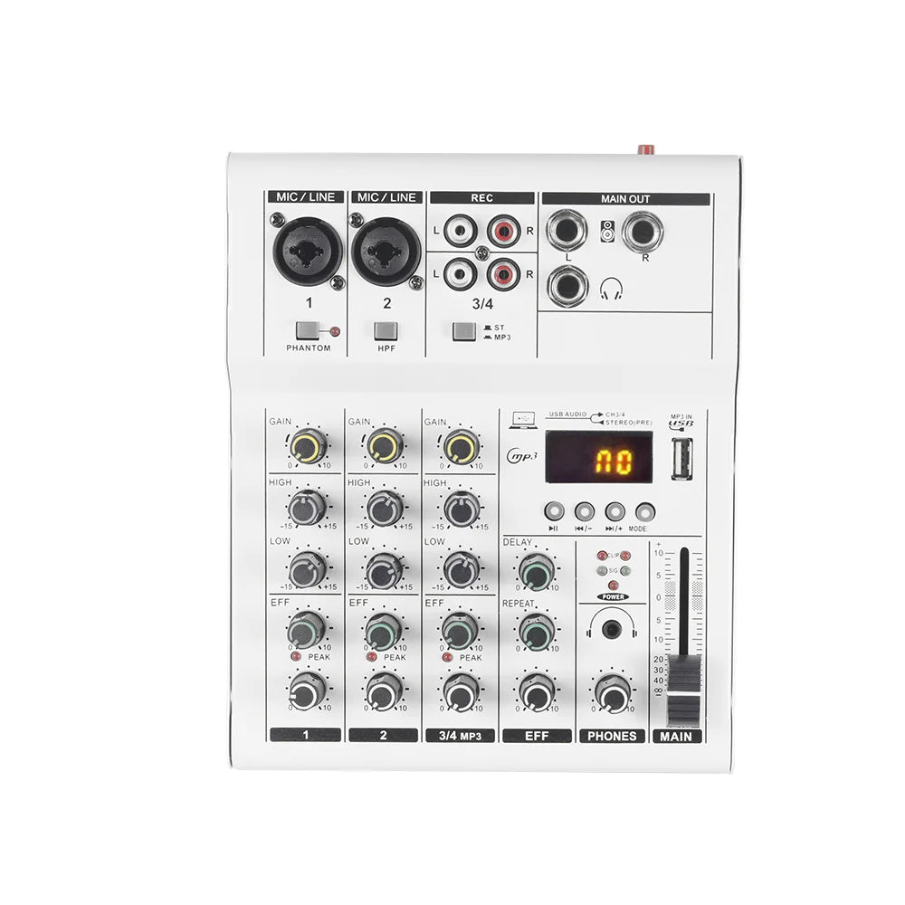 White compact professional 4 channel mixer dj karaoke with black knobs usb interface sound card and digital display
