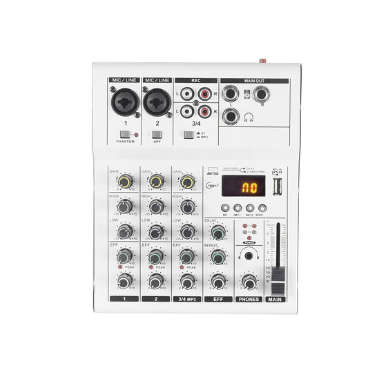 White compact professional 4 channel mixer dj karaoke with black knobs usb interface sound card and digital display
