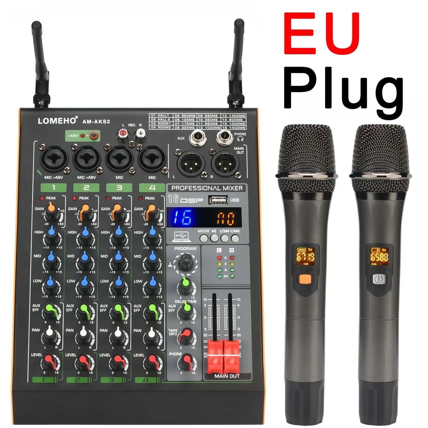 Black lomeho am-aks2 professional 4 channel audio mixer with uhf wireless microphone and +48v phantom power eu plug