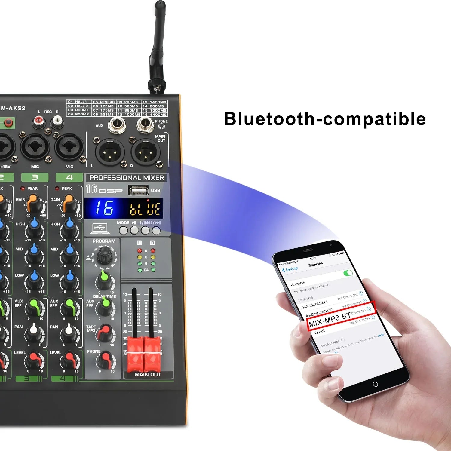 Black professional 16 channel audio mixer console lomeho am-aks2 with uhf wireless microphone and 48v phantom power