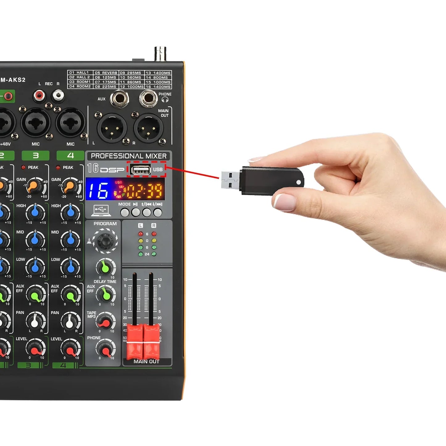 Black professional 16 channel audio mixer with uhf wireless microphone usb bluetooth and console lomeho am-aks2