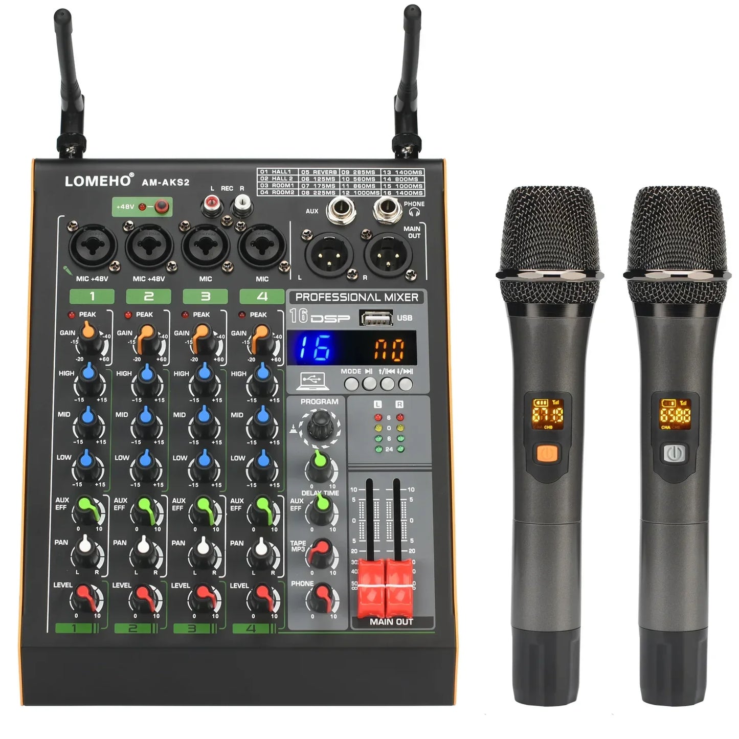 Black lomeho am-aks2 4 channel audio mixer with uhf wireless microphone and +48v phantom power for professional use