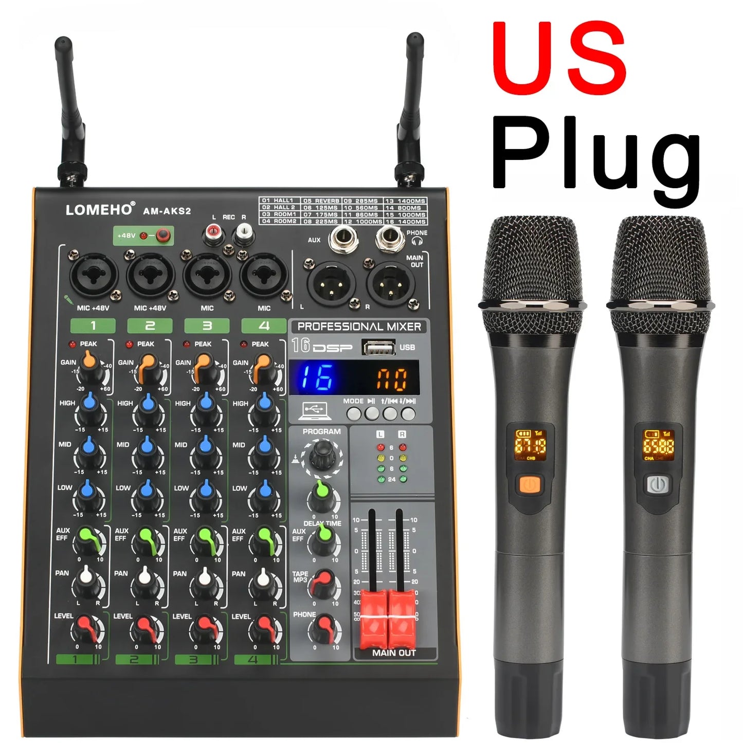 Black lomeho am-aks2 professional 4 channel audio mixer with uhf wireless microphone and +48v phantom power console