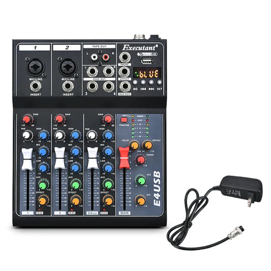 Black professional 4-channel e4usb bluetooth reverb effect sound mixer controller with colorful knobs and digital display