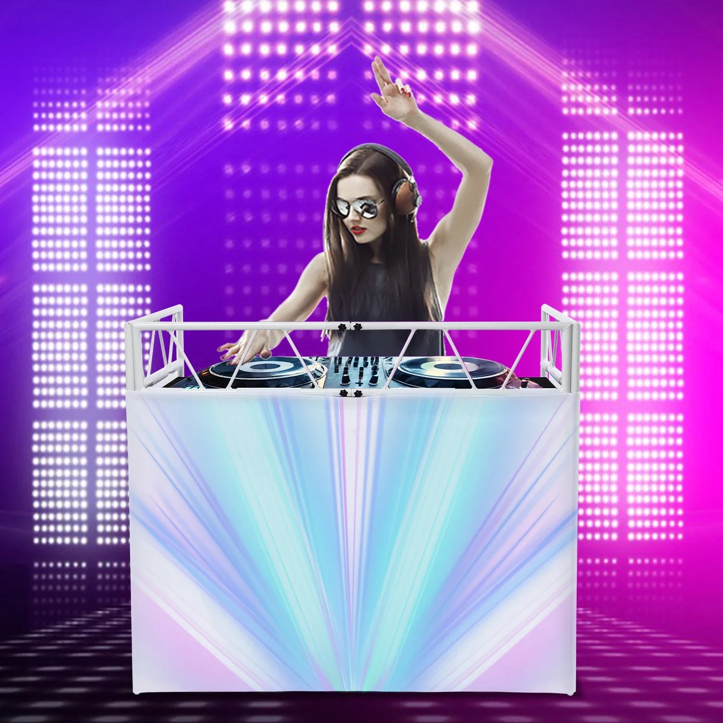 Professional white dj equipment stand heavy duty aluminum with oxford cloth cover and iridescent blue purple light design for stage studio events