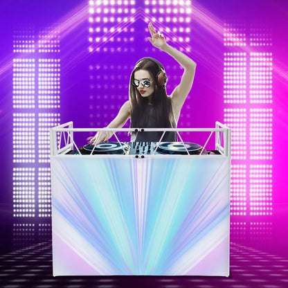 Professional white dj equipment stand heavy duty aluminum with oxford cloth cover and iridescent blue purple light design for stage studio events