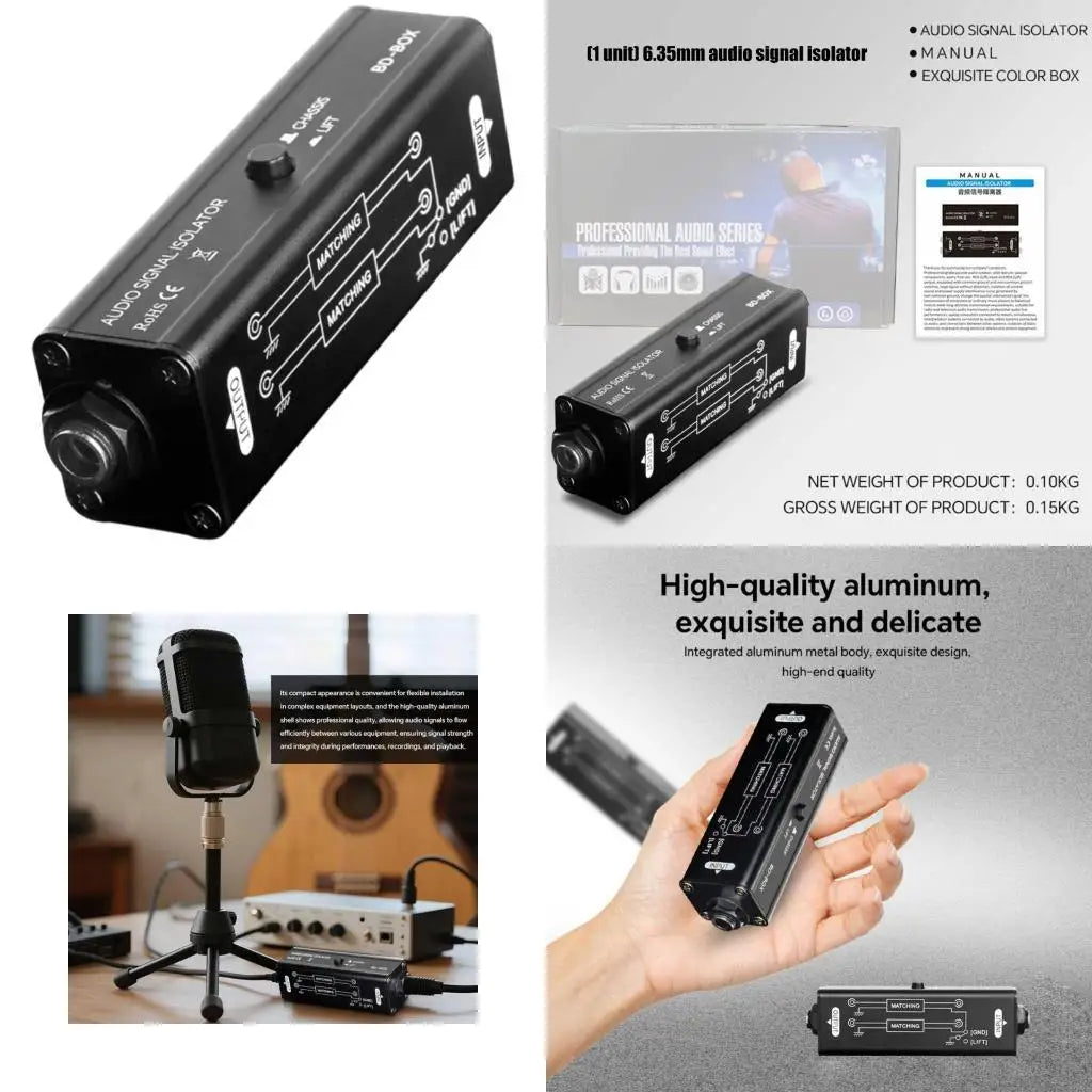 Black aluminum professional 6.35mm ground looping isolator with labeled ports for isolator noise elimination in live sound and studio use