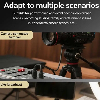 Black professional video camera on tripod connected to metal ground looping isolator for isolator noise elimination in live sound