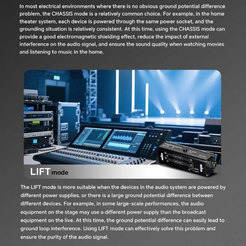 Black rectangular ground looping isolator with metal construction and silver labeling for isolator noise elimination in audio use