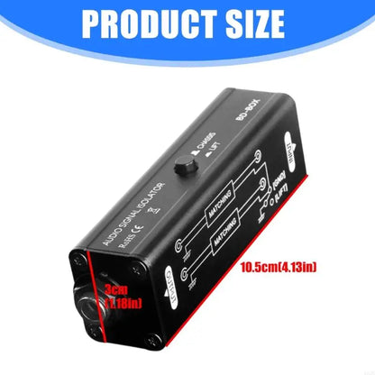 Black metal ground looping isolator with rotary switch and labeled ports for isolator noise elimination in live sound use