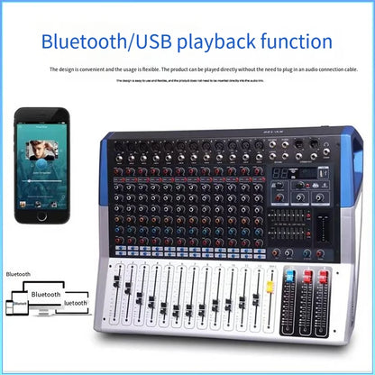 Professional black and silver channel dj sound audio mixer bluetooth with multiple jacks faders knobs and digital display