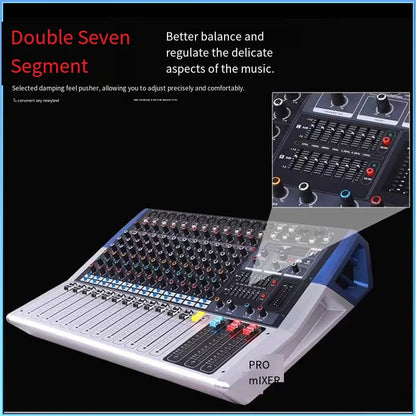Silver and blue professional 16 channel dj sound audio mixer bluetooth recording mixing console with dsp effects