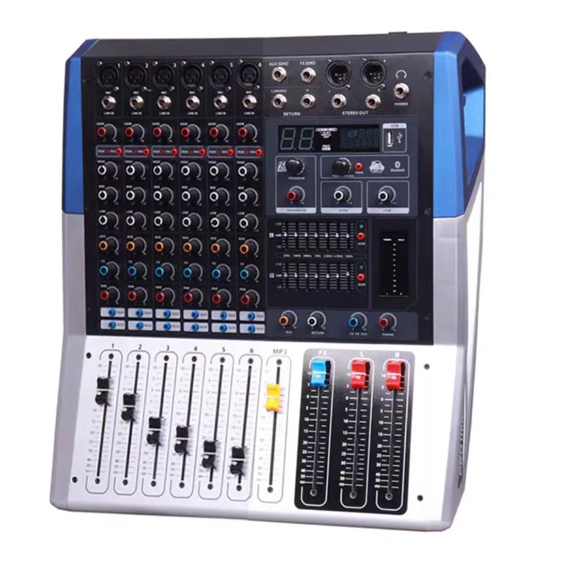 Blue and silver 8-channel dj sound audio mixer bluetooth with colorful knobs faders and digital display recording mixing console