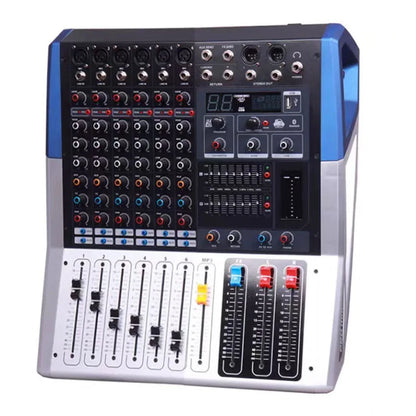Blue and silver 8-channel dj sound audio mixer bluetooth with colorful knobs faders and digital display recording mixing console
