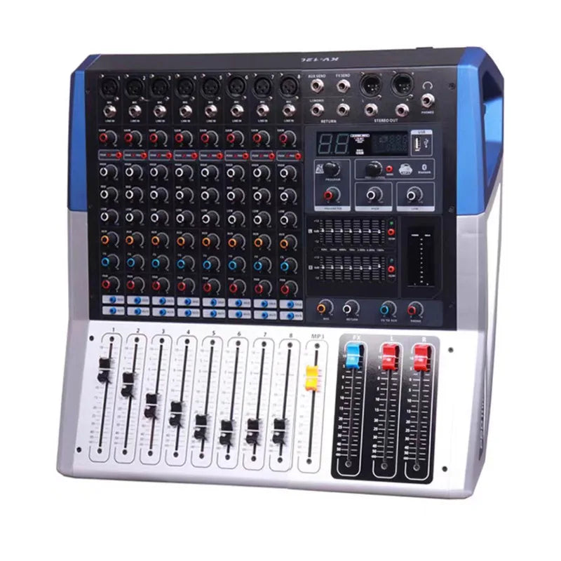 Blue and silver jian-an 8-channel audio mixer bluetooth with colored knobs faders and digital display for recording mixing console