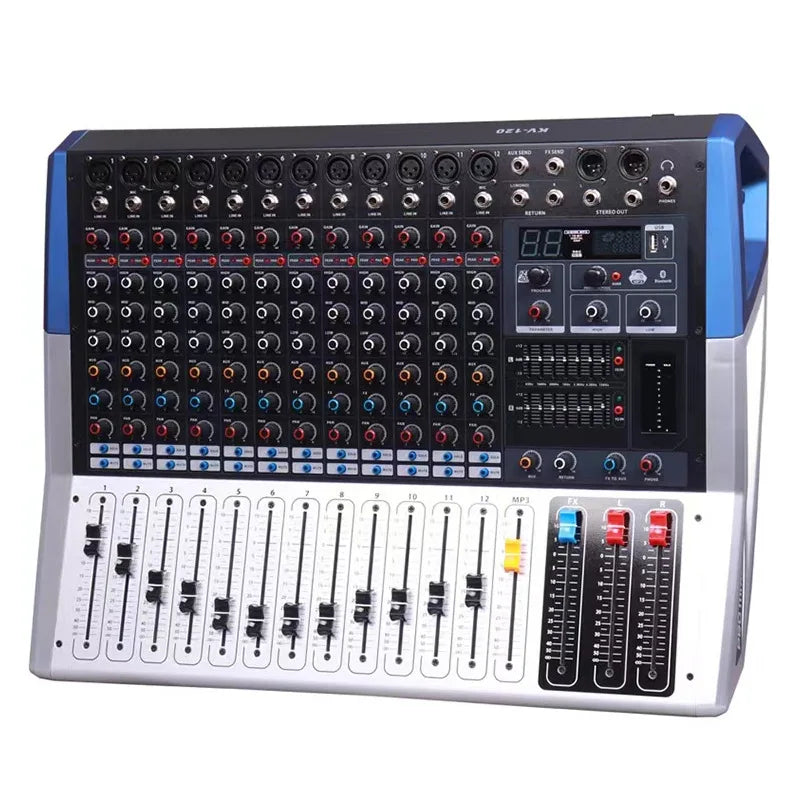 Blue and silver 12-channel audio mixer bluetooth with digital display and red and blue knobs for recording mixing console