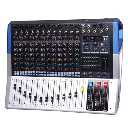 Blue and silver 12-channel audio mixer bluetooth with digital display and red and blue knobs for recording mixing console