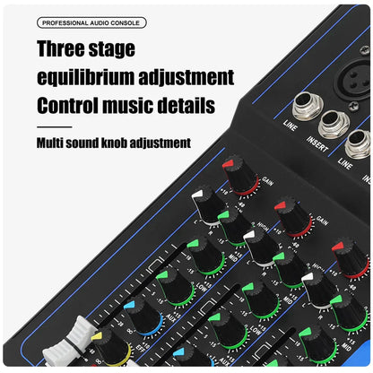 Black professional 6 channel mixer dj karaoke with multi-colored knobs and usb interface sound for party pc recording