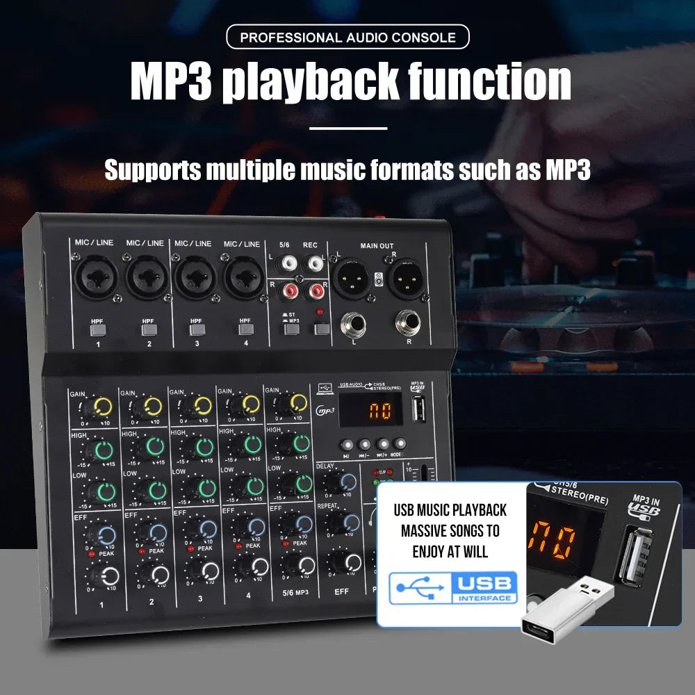 Black professional 6 channel audio mixer dj karaoke with usb interface sound card and digital display for party pc recording