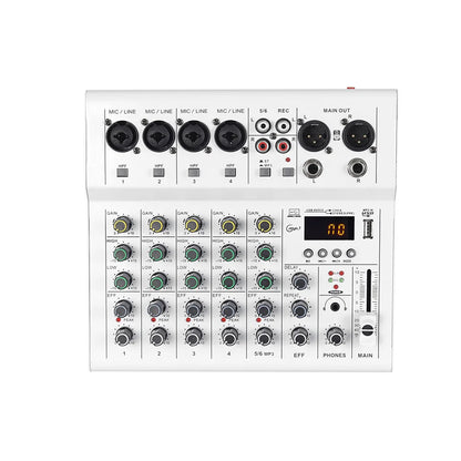 White 8-channel mixer dj karaoke with black knobs usb interface sound card and digital display for party pc recording