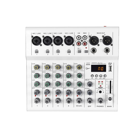 White 8-channel mixer dj karaoke with black knobs usb interface sound card and digital display for party pc recording