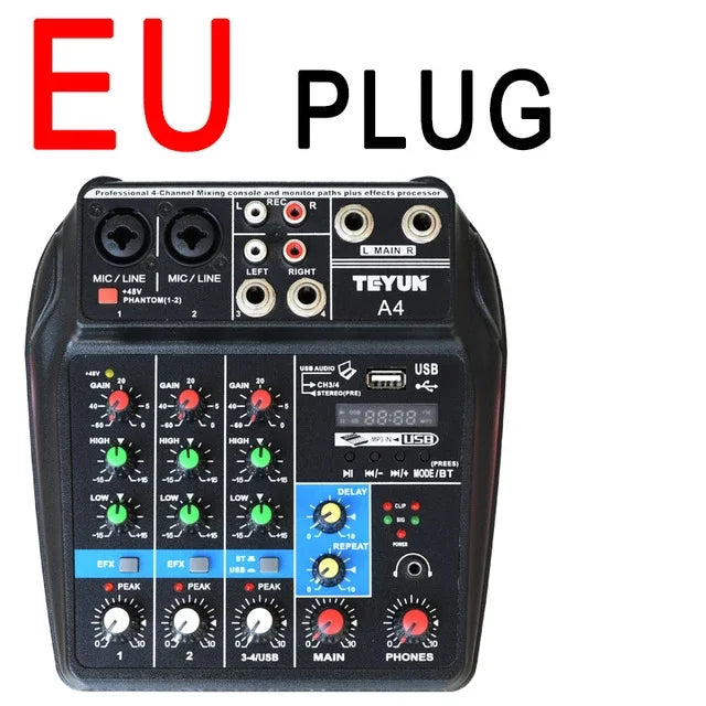 Black teyun a4 professional 4-channel channel digital mixer with red and green knobs usb port and eu plug for live broadcast sound card microphone