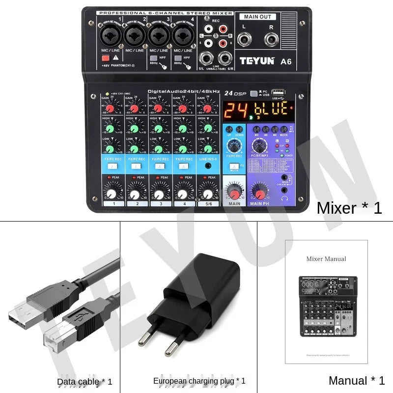 Black teyun a6 professional 8-channel stereo electronic mixed sound digital mixer with led knobs and sound card microphone features