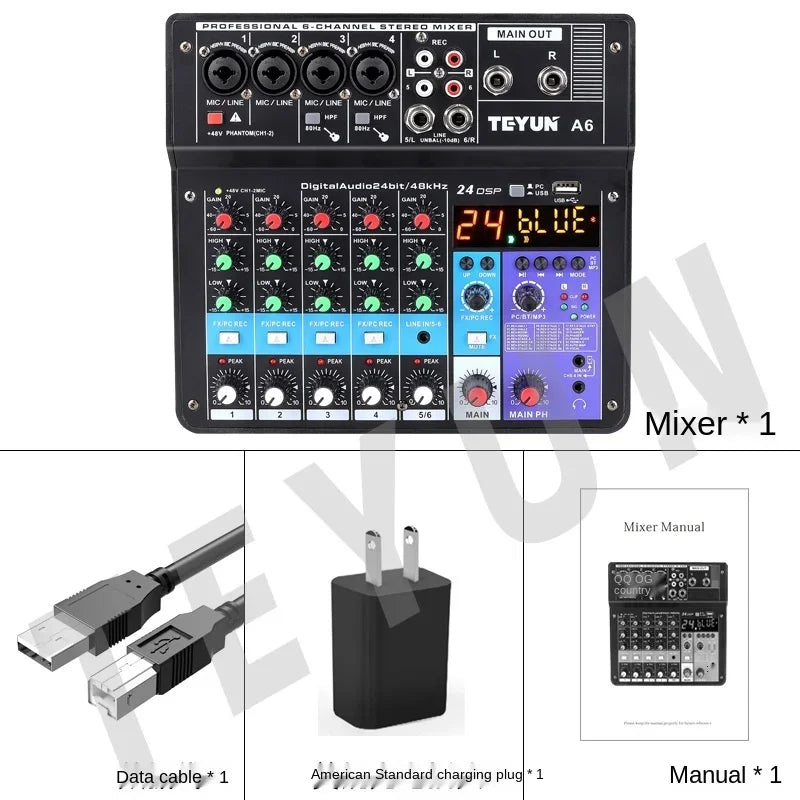 Black teyun a6 professional 8-channel channel digital mixer with colorful knobs illuminated display for electronic mixed sound and sound card microphone use