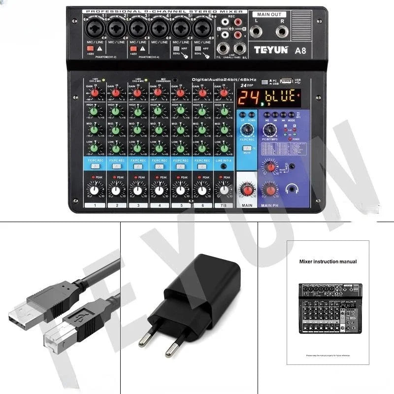 Black teyun a8 professional 8 channel digital mixer with colorful knobs and sound card microphone for live broadcast use
