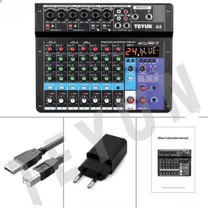 Black teyun a8 professional 8 channel digital mixer with colorful knobs and sound card microphone for live broadcast use