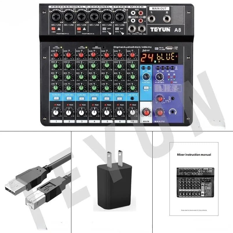Black teyun a8 professional 8-channel digital mixer with colorful knobs and sound card microphone for live broadcast and recording