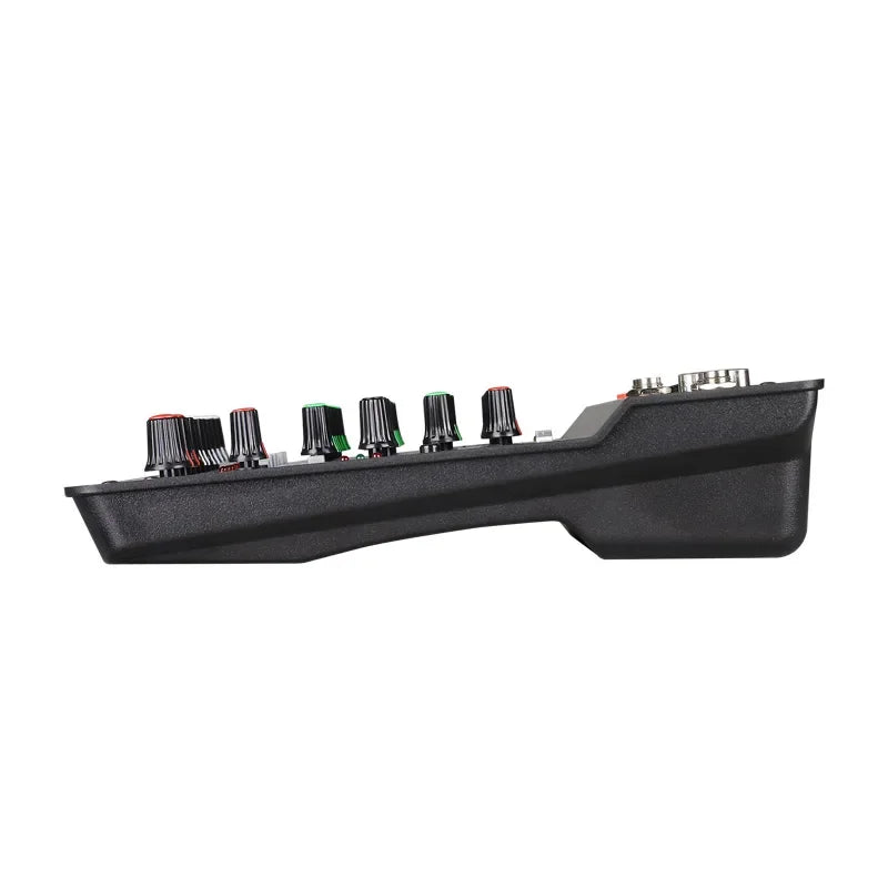 Black plastic professional 8-6-4 channel digital mixer with knobs input jacks for sound card microphone and electronic mixed sound