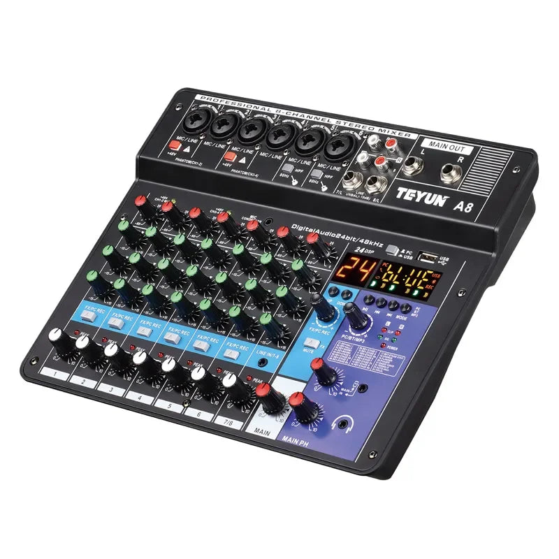 Black teyun a8 professional 16-channel stereo channel digital mixer with colorful knobs and sound card microphone for live broadcast