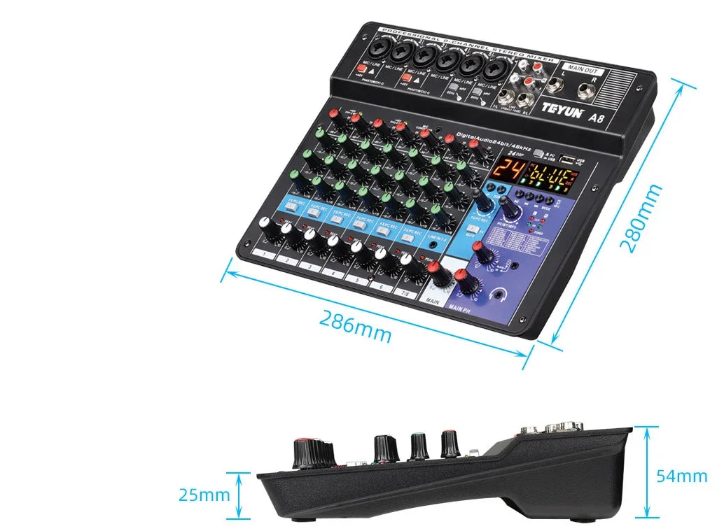 Black teyun a8 professional channel digital mixer with blue panel red green knobs and sound card microphone for live broadcast