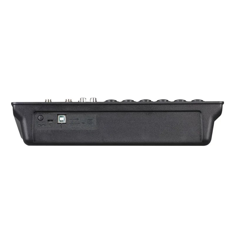 Black plastic channel digital mixer sound card microphone showing rear usb port and multiple input output jacks