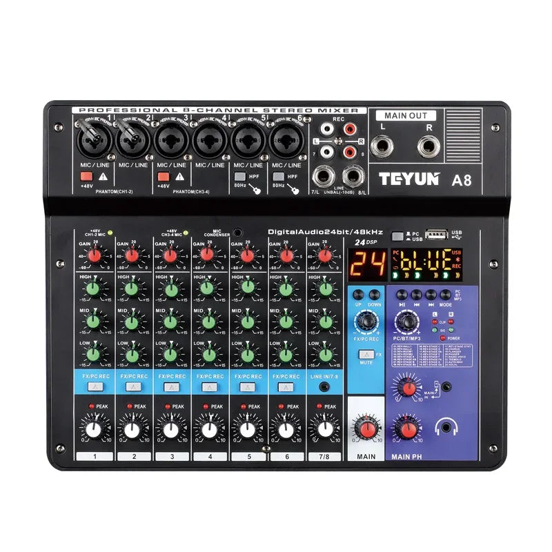 Black teyun a8 professional 8-channel digital mixer with colorful knobs and sound card microphone for live broadcast use