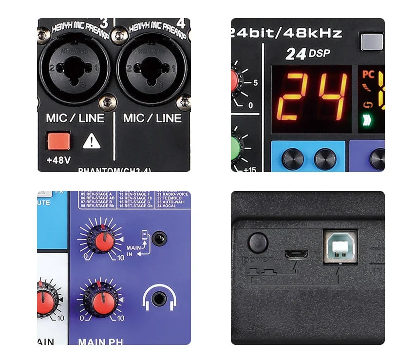 Black phantom 24 dsp audio interface with digital display, xlr inputs, and usb ports for electronic mixed sound and channel digital mixer