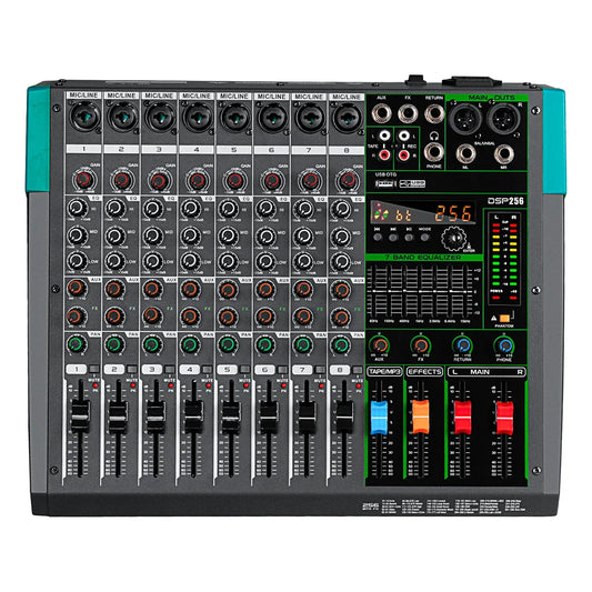 Black and teal professional 8 channel dj sound audio mixer bluetooth with multiple knobs sliders and digital display recording mixing console