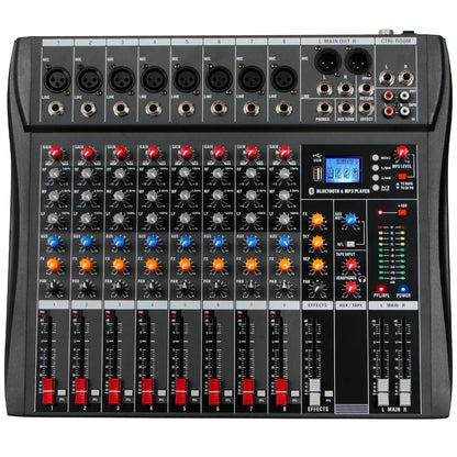 Black 8-channel audio mixer with colorful knobs and red faders professional mixing console for karaoke and stage use