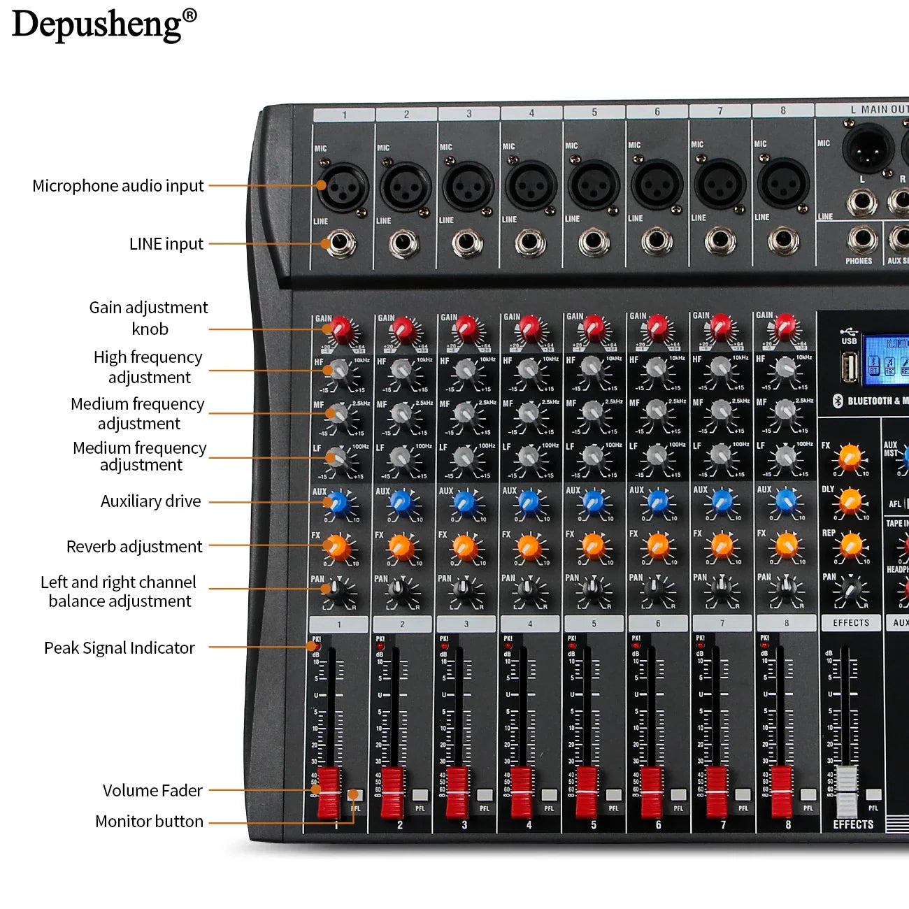 Black depusheng professional 8-channel audio mixer with red orange blue knobs for karaoke home wedding stage use