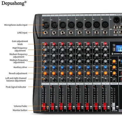 Black depusheng professional 8-channel audio mixer with red orange blue knobs for karaoke home wedding stage use