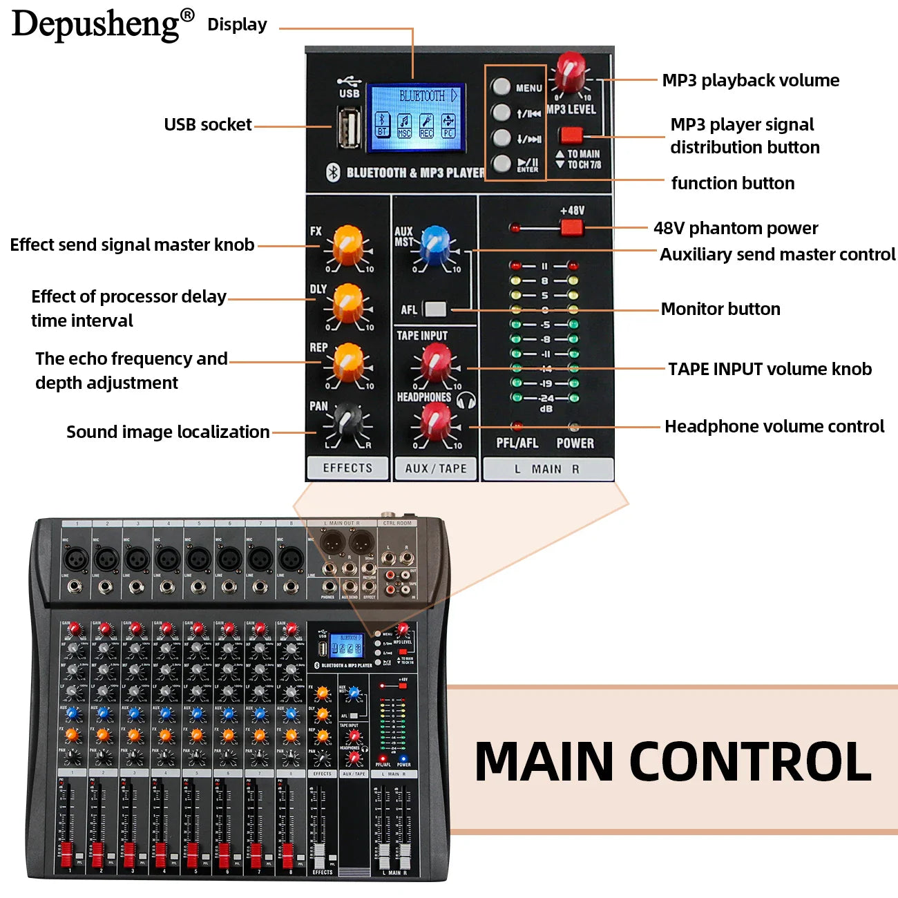 Black and silver depusheng 8-channel audio mixer with colorful knobs and digital display for stage and home use