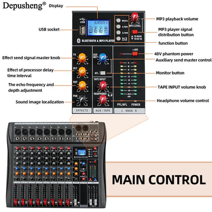 Black and silver depusheng 8-channel audio mixer with colorful knobs and digital display for stage and home use