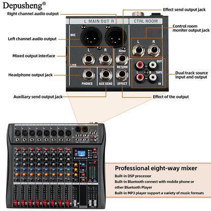 Black professional 8-channel audio mixer with colorful knobs and digital display for stage and home karaoke use