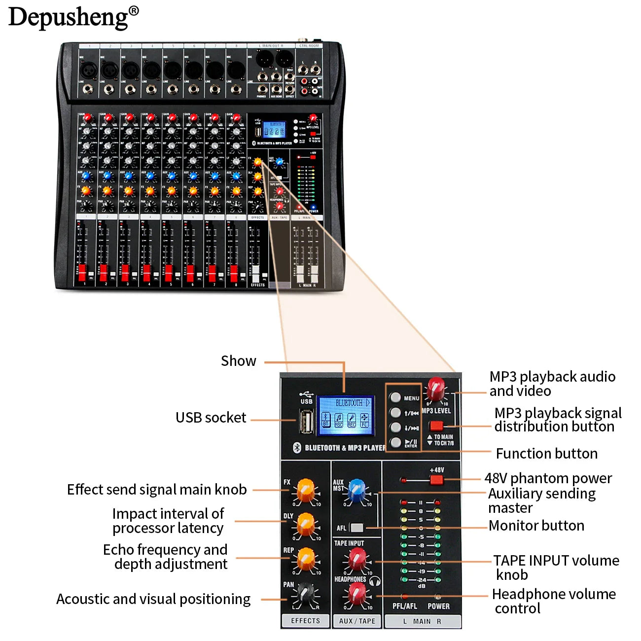 Black depusheng professional 8-channel audio mixer with colorful knobs digital display usb bluetooth for karaoke and stage use