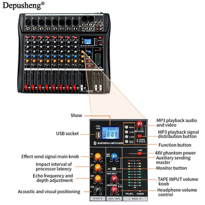 Black depusheng professional 8-channel audio mixer with colorful knobs digital display usb bluetooth for karaoke and stage use