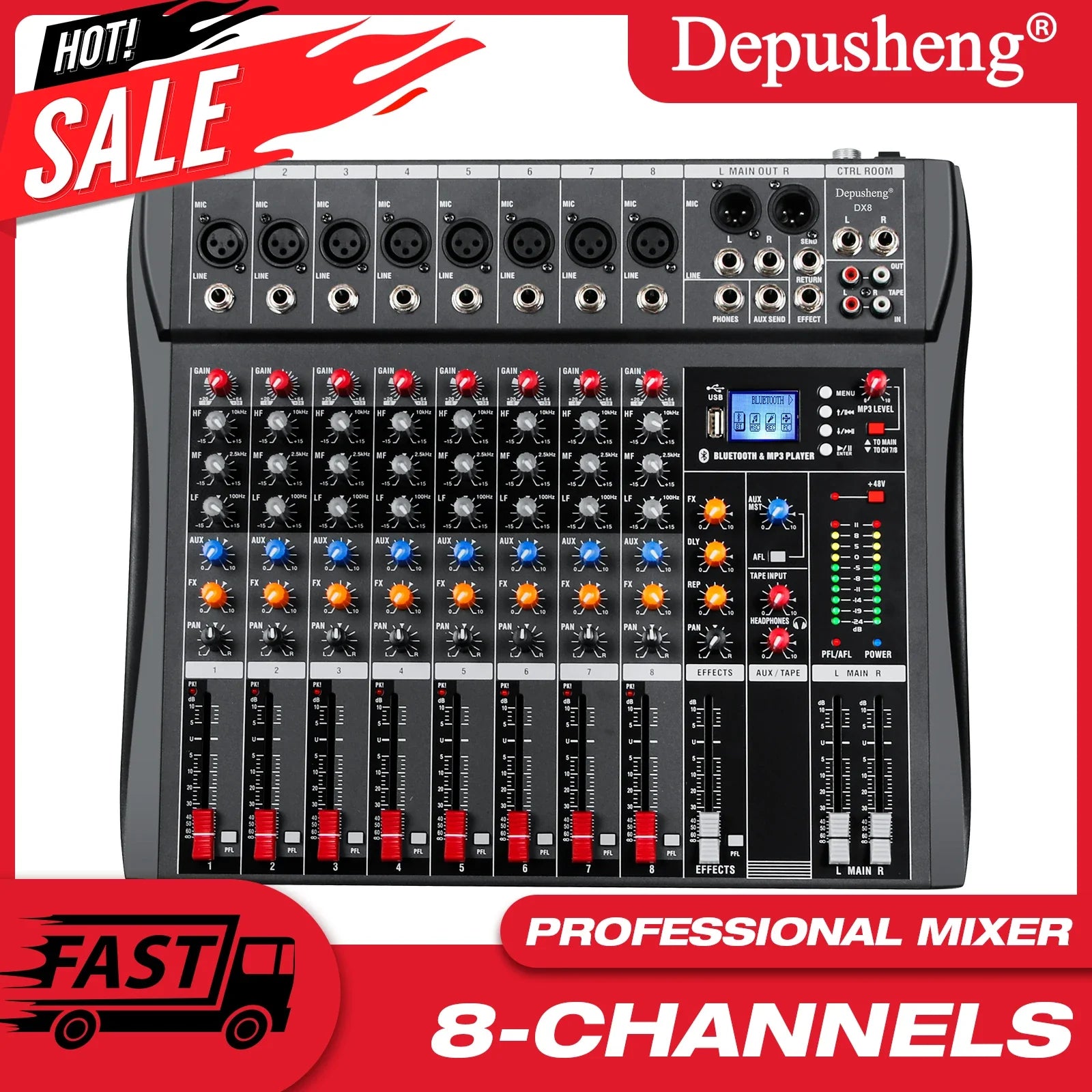 Black depusheng dx8 professional 8-channel audio mixer with red and blue knobs and digital display for stage performance