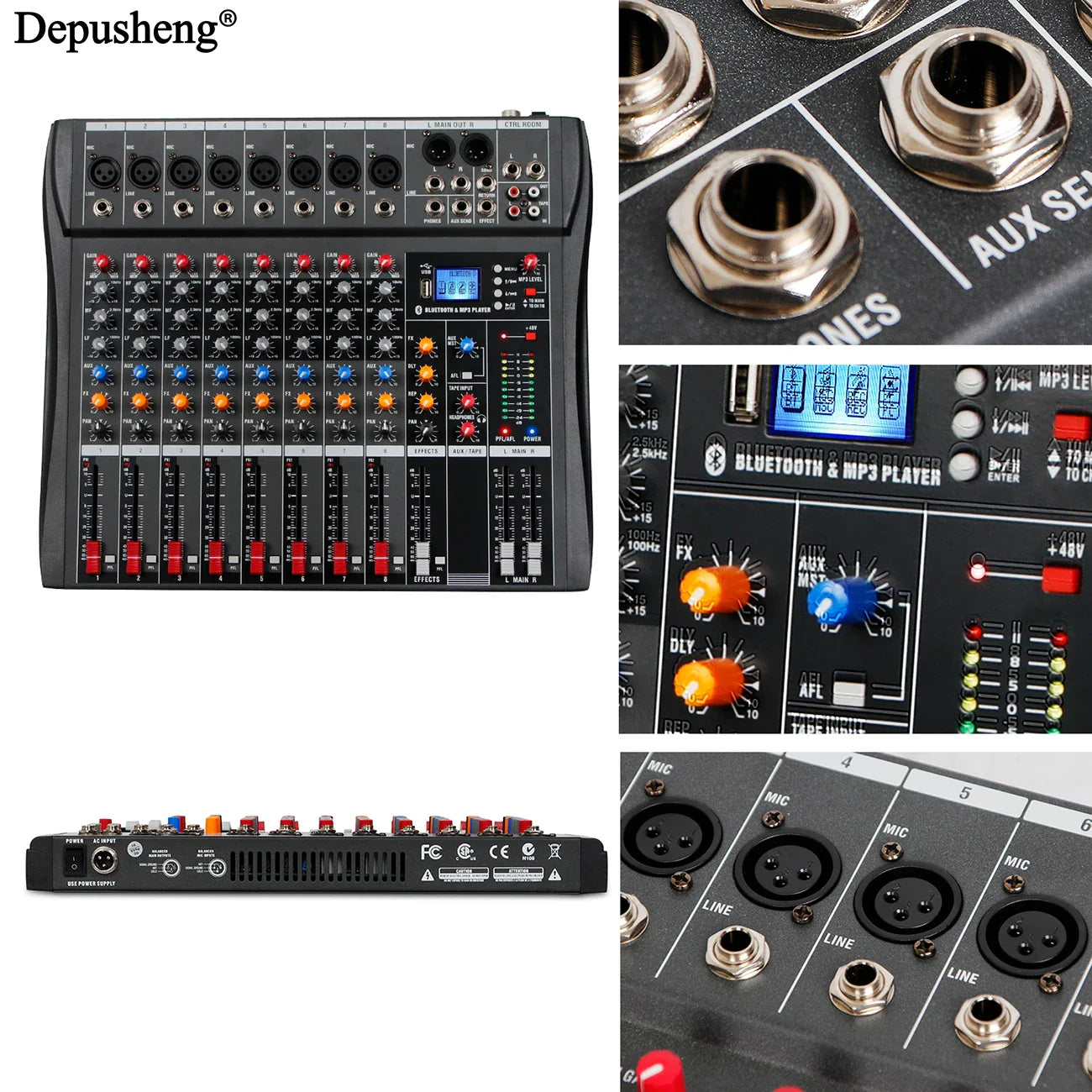 Black depusheng 8-channel audio mixer with colorful knobs and digital display for professional stage and home karaoke use